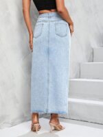 Women's High Waist Maxi Denim Skirt Front Split Frayed Raw Hem A line Casual Long Jean Skirt.