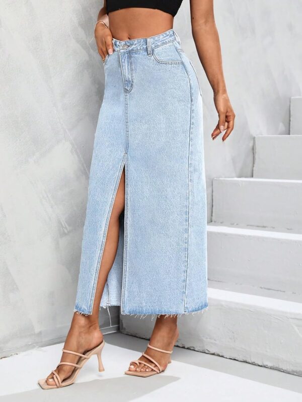 Women's High Waist Maxi Denim Skirt Front Split Frayed Raw Hem A line Casual Long Jean Skirt.