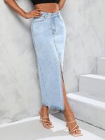 Women's High Waist Maxi Denim Skirt Front Split Frayed Raw Hem A line Casual Long Jean Skirt.