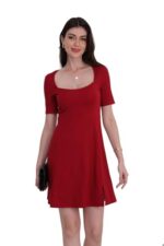 Women's Mesh Long Sleeve Square Neck Split Hem Party Club Cocktail Bodycon Mini Dress Red