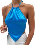 XIAOBU Halter Crop Top Womens Solid Color Satin Navel Wrap Breast Sleeveless Backless Casual Novelty Lingerie Vest,Blue,L