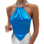 XIAOBU Halter Crop Top Womens Solid Color Satin Navel Wrap Breast Sleeveless Backless Casual Novelty Lingerie Vest,Blue,L