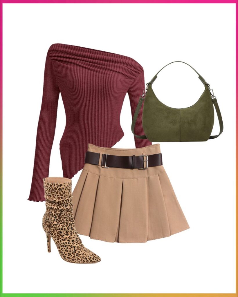 Sweater Weather Outfit: Off the Shoulder Burgundy Sweater, Pleated Skirt, Green Purse, Leopard Print Boot