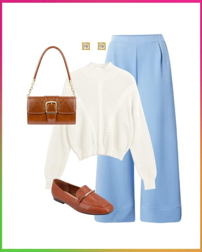 Sweater Weather Outfit: White Sweater, Blue Trousers, Brown Leather Purse and Loafers, Diamond Earrings