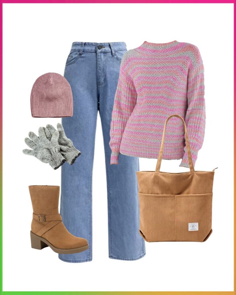 Sweater Weather Outfit: Pink and Grey Stripped Sweater, Blue Jeans, Beanie, Gloves, Tote Bag and Boot