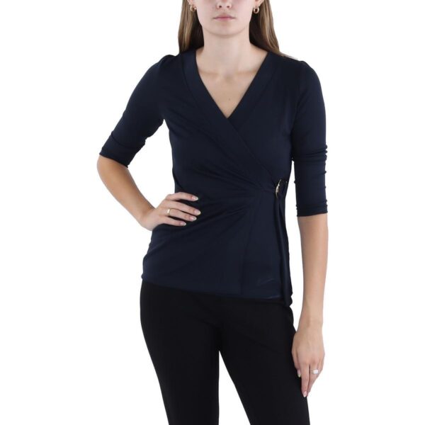 Lauren Ralph Lauren Womens Navy Jersey O-Ring Surplice Blouse Shirt S BHFO 3123