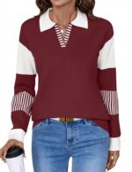 LOMON V Neck Long Sleeve Loose Sweaters Color Block Striped Knitted Pullover Jumper Tops