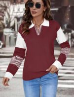 LOMON V Neck Long Sleeve Loose Sweaters Color Block Striped Knitted Pullover Jumper Tops