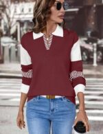 LOMON V Neck Long Sleeve Loose Sweaters Color Block Striped Knitted Pullover Jumper Tops