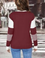 LOMON V Neck Long Sleeve Loose Sweaters Color Block Striped Knitted Pullover Jumper Tops