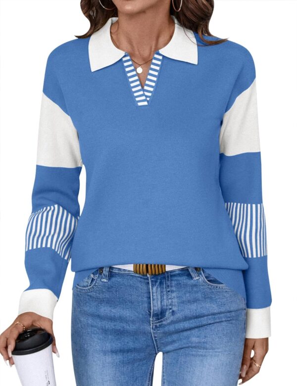 LOMON V Neck Long Sleeve Loose Sweaters Color Block Striped Knitted Pullover Jumper Tops