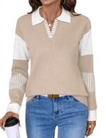 LOMON V Neck Long Sleeve Loose Sweaters Color Block Striped Knitted Pullover Jumper Tops