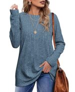 OFEEFAN Womens Tops Long Sleeve Oversized Sweaters for Women 2024 Fashion Blue XL