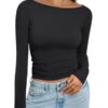 Trendy Queen Women's Boat Neck Tops Long Sleeve Shirts Casual Fitted Tee Shirts Solid Color Fall Basic Clothes Black M