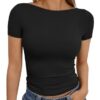 Trendy Queen Womens Boat Neck Tops Short Sleeve T-Shirts Slim Fit Compression Summer Y2k Basic Clothes 2025 Black L