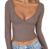 Trendy Queen Womens Tops Trendy Fashion Clothes Going Out Long Sleeve Shirts V Neck Basic Y2K Cute Shirt Slim Fitted Corset Coffee Grey XL