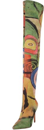 vivianly Women's Sexy Printed Stretchy Thigh High Boots Pointy Toe Stiletto Heel Booties Over The Knee High Heel Boot