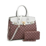 XB 2 Pieces Women Checkered Satchel Handbags and Wallet Set Faux Leather Top Handle Bags Large with Shoulder Strap