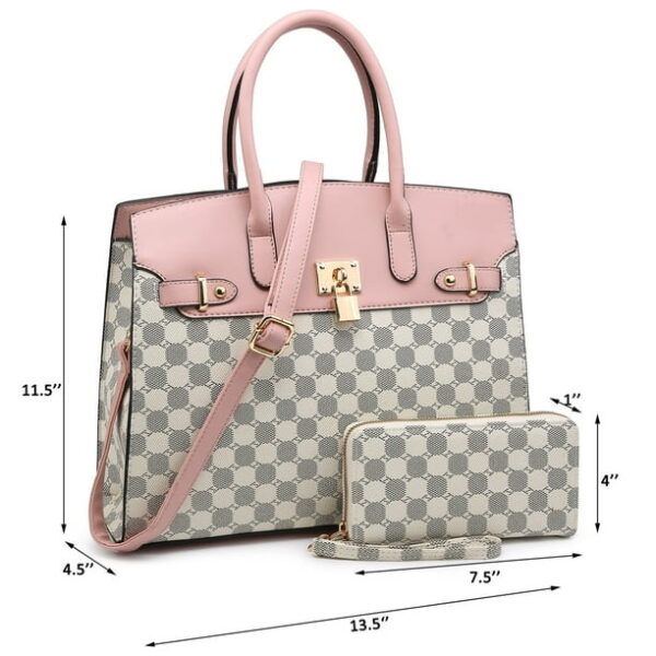 XB 2 Pieces Women Checkered Satchel Handbags and Wallet Set Faux Leather Top Handle Bags Large with Shoulder Strap