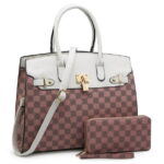 XB 2 Pieces Women Checkered Satchel Handbags and Wallet Set Faux Leather Top Handle Bags Large with Shoulder Strap