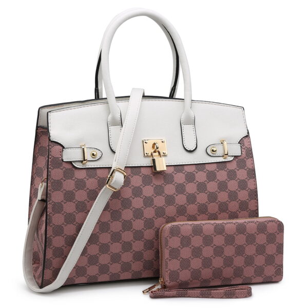 XB 2 Pieces Women Checkered Satchel Handbags and Wallet Set Faux Leather Top Handle Bags Large with Shoulder Strap