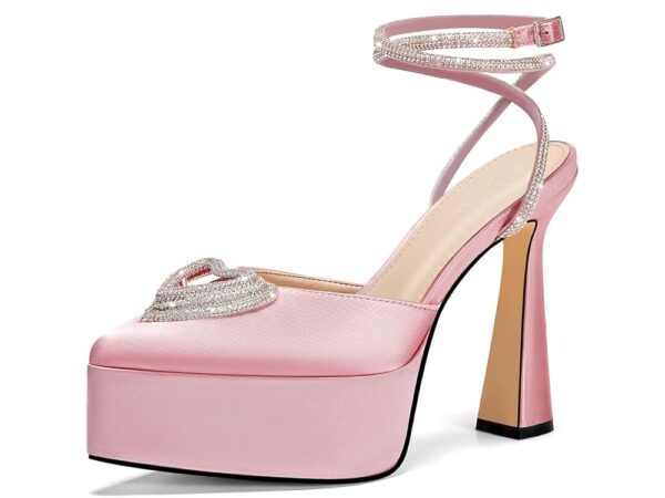 Coutgo Womens Platform High Chunky Heels Rhinestone Triple Heart Pointed Toe Ankle Strap Party Wedding Dress Pumps Shoes