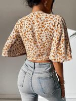 COZYEASE Women's All Over Floral Print Crop Top Deep V Neck Flutter Sleeve Tie Front Boho Summer Blouse Top
