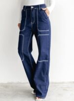 Dokotoo Women's Casual Mid Waist Cargo Jeans Stretch Wide Leg Denim Pants with Pockets