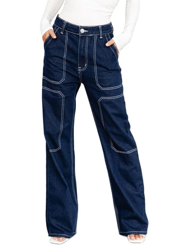 Dokotoo Women's Casual Mid Waist Cargo Jeans Stretch Wide Leg Denim Pants with Pockets