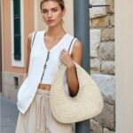 Herald Crescent Straw Handmade Shoulder Handbag for Women, Summer Beach Hobo Raffia Woven Underarm Bag Purse Tote