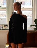 HYPERFIRE Women's Shoulder Tie Long Sleeve Asymmetrical Dress Boat Neck Cocktail Mini Dresses