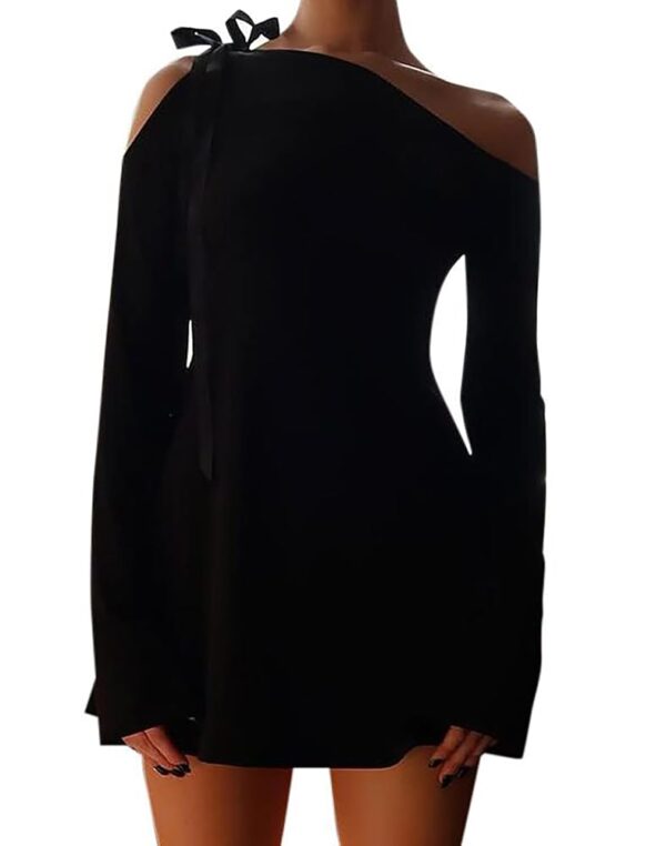 HYPERFIRE Women's Shoulder Tie Long Sleeve Asymmetrical Dress Boat Neck Cocktail Mini Dresses