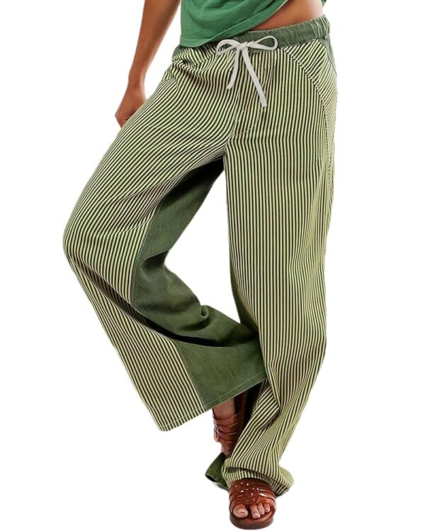 Low Rise Striped Pants for Women Pull On Drawstring Boho Wide Leg Jeans Trendy 2025