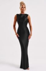 Memoriesea Women's Satin Elegant Sleeveless High Neck Tie Cocktail Party Maxi Dress