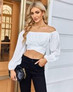 MIRACMODA Woman Off Shoulder Ruched Tie Back Crop Top Summer Lantern Sleeve Boho Shirt Blouse