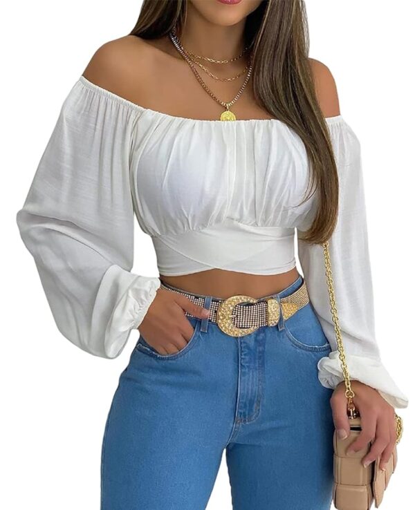 MIRACMODA Woman Off Shoulder Ruched Tie Back Crop Top Summer Lantern Sleeve Boho Shirt Blouse