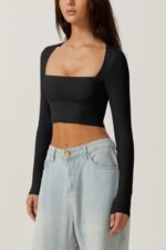 QINSEN Women's Sexy Square Neck Crop Top Long Sleeve Slim Fit Cropped T Shirts