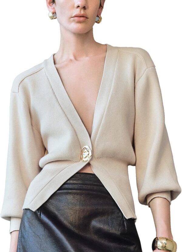 Women Knitted Cardigans Long Sleeve V-Neck Lightweight Sweater One Leaf Button Down Outwear