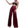 Lovskoo Women's Contrast Sequin High Waist Wide Leg Party Clubwear Long Pants Burgundy