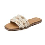 ALLOT Women's Pearls Flat Sandals Square Toe Slip On Comfortable Slides Summer Casual Beach Shoes