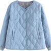 Autumn Parka Women Loose Fit Padded Coat Vintage V-Neck Argyle Slash Pockets Thin Jacket