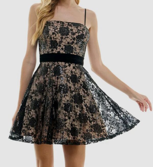 City Studios Womens Juniors Black Sequined Embroidered Bow-Back Dress Size 11/12