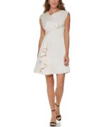 DKNY womens Midi V-neck Long Sleeve Dress With Flounce Detail
