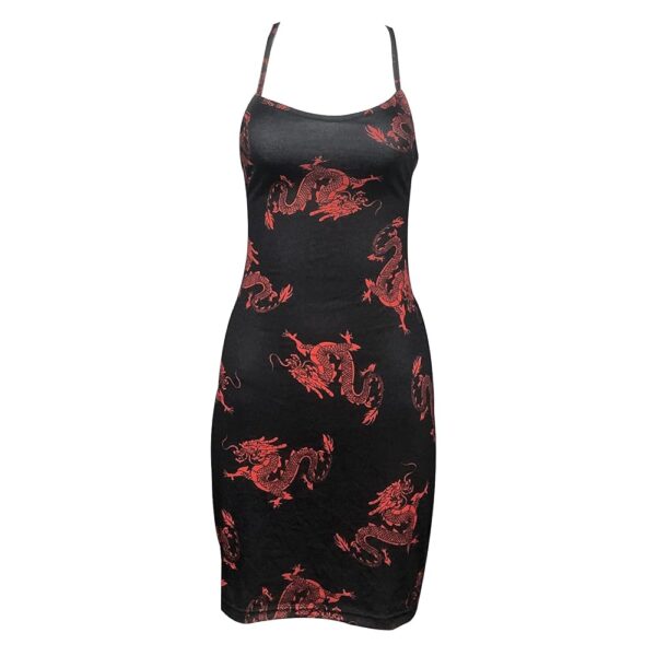 Dragon Print Slip Dress for Women Sleeveless Backless Bandage Bodycon Mini Dress Club Party Sundress Streetwear