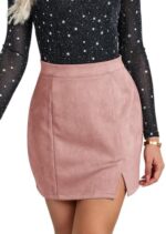 Ezcosplay Women Faux Suede Sexy Mini Skirt with Slit High Waisted Zipper Back Pencil Bodycon Short Skirts