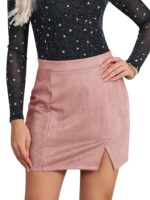 Ezcosplay Women Faux Suede Sexy Mini Skirt with Slit High Waisted Zipper Back Pencil Bodycon Short Skirts