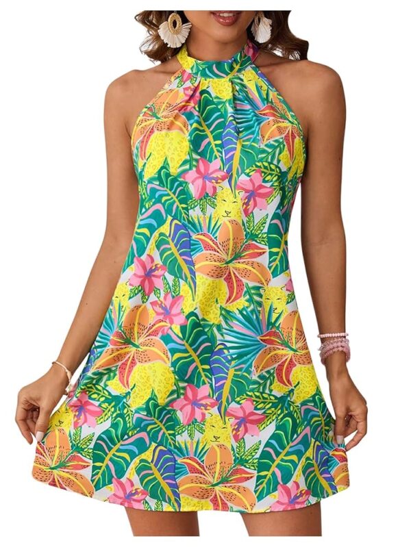 Floerns Women's Sleeveless Floral Print Sundress Halter Neck A Line Short Dress