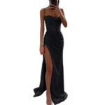 Fsqjgq Wedding Guest Dresses for Women Elegant Sequin Spaghetti Strap Backless Prom Dress Split Ruffle Black Dresses Long Evening Party Dress S