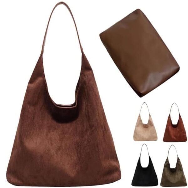 Gocvo Retro Faux Suede Bags for Women Suede Tote Bag with Purse Slouchy Bag Hobo Handbag Crescent Satchels Shoulder Bag|Coffee