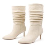 JOY IN LOVE Women's Low Heel Boots, Mid-Calf High Wrinkled Slouchy Boots